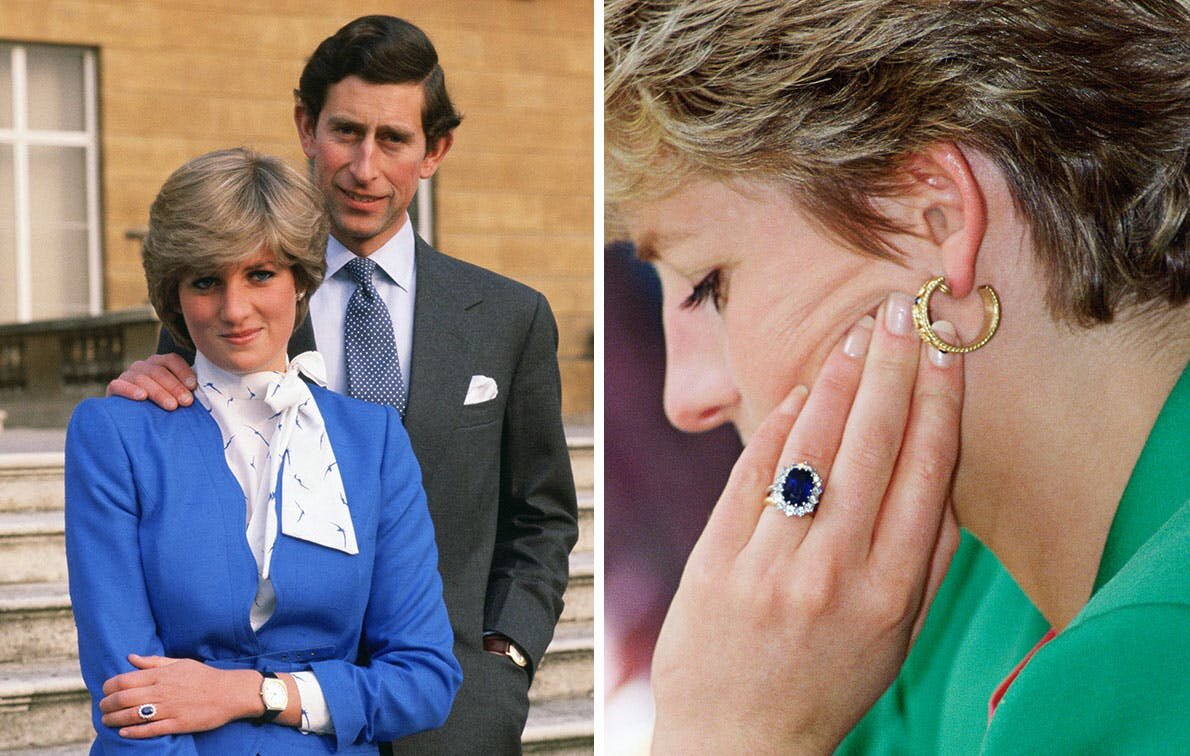 This is the original engagement ring that Princess Diana received from Prince Charles in February 1981. The ring features a 12-carat oval blue Ceylon faceted sapphire, which is surrounded by 14 solitaire diamonds. The ring’s setting is made from 18K white gold. - 
